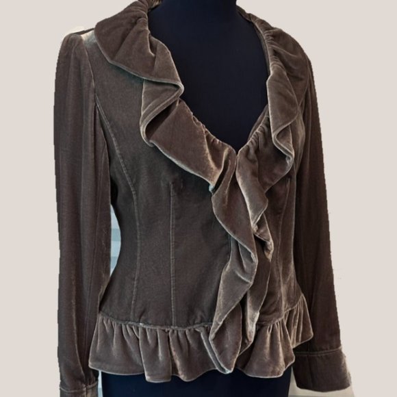 Saks Fifth Avenue Velvet Ruffled-Front Blazer Jacket in Grey - Picture 1 of 7